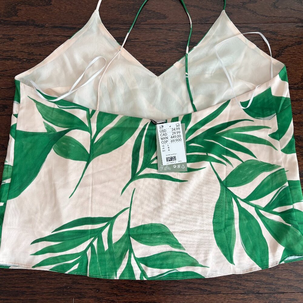 H&M Tropical Palm Print Ivory & Green Satin Camisole Tank - SZ L NEW w Tags - Picture 2 of 4